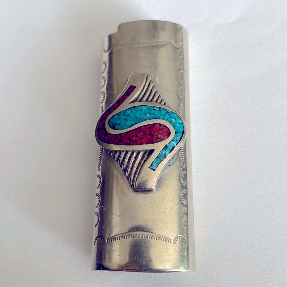 Vintage Silver Bic lighter cover inlaid stones